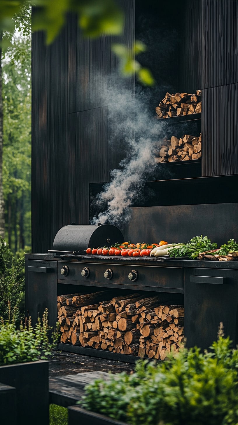 A modern black outdoor grill surrounded by greenery, with smoke rising and food cooking on the grill in a stylish garden setting.