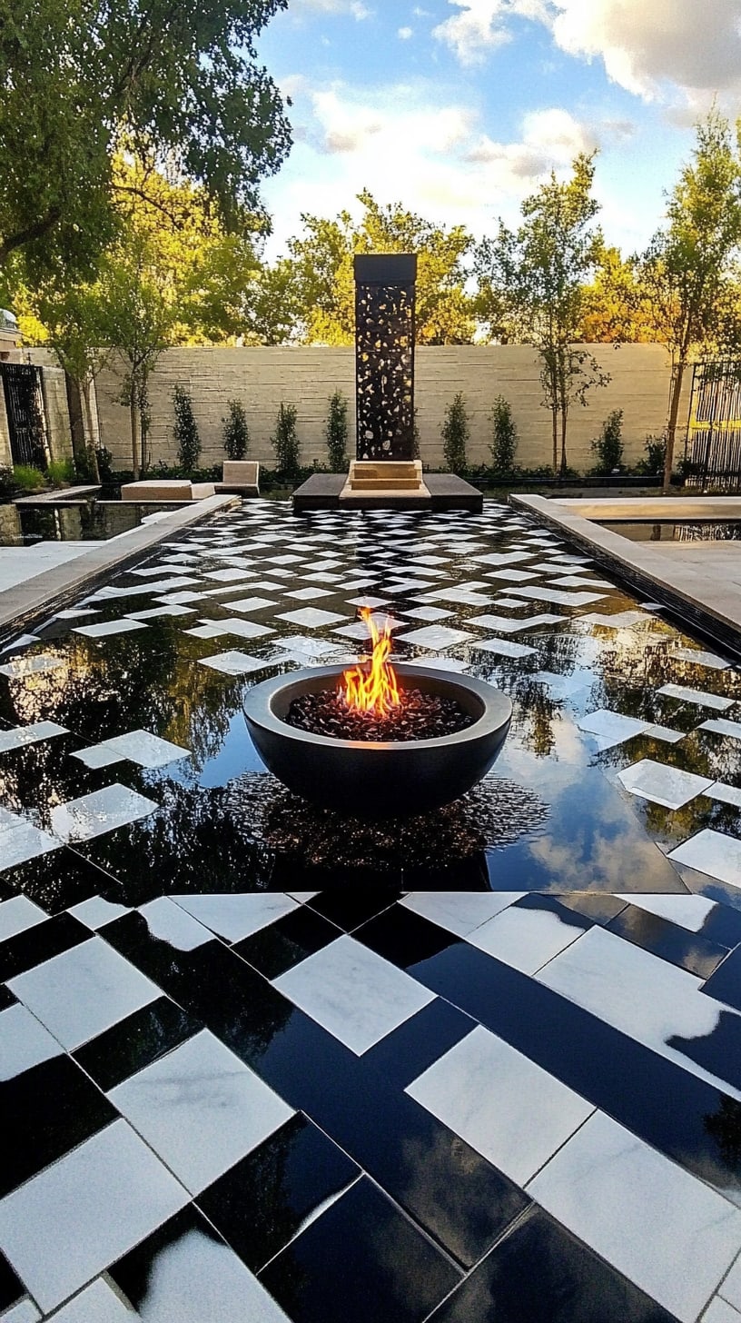 A luxurious black and white herringbone tiled pool with a central fire bowl, ornate seating, and a decorative sculpture, reflecting the sky and trees in a serene outdoor setting.