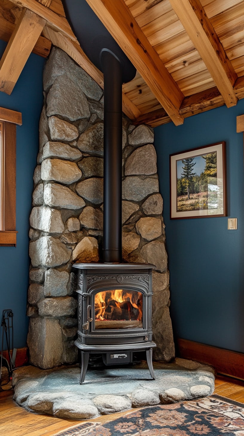 A rustic stone chimney with a black wood stove set in the corner of a cozy cabin with blue walls and wooden beams, surrounded by decorative elements and a soft area rug.