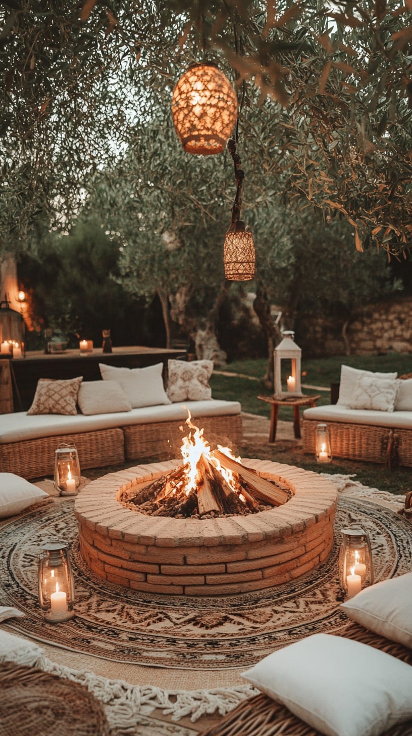 A cozy fire pit area surrounded by wicker sofas under olive trees, with lanterns and candles providing a warm glow for an inviting summer gathering.
