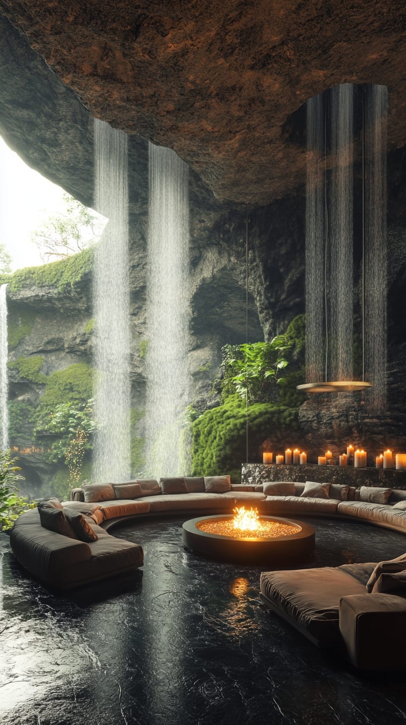A luxurious cave lounge featuring waterfalls, green moss, a circular fireplace, and candles, creating a serene and inviting ambiance.