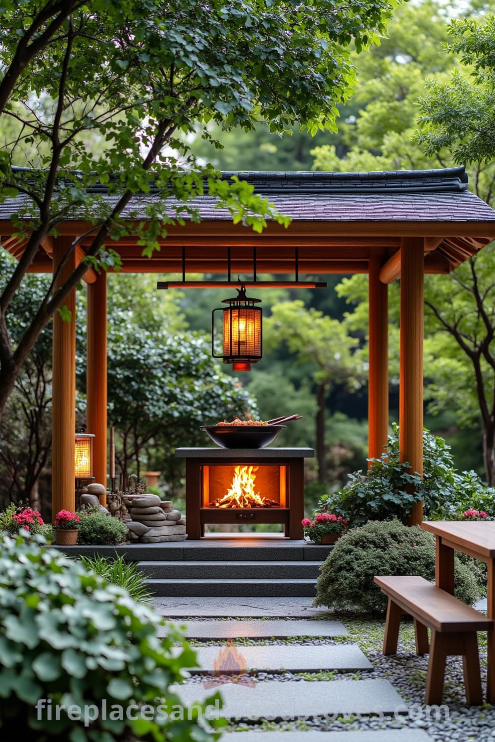 Traditional Japanese Zen outdoor barbecue with a bamboo frame and wood-fired grill surrounded by lush greenery, smooth river stones, and wooden benches, creating a cozy and inviting garden space perfect for relaxation and connection over shared meals, featuring cozy ideas and unique designs from fireplacesandwoodstoves.com.