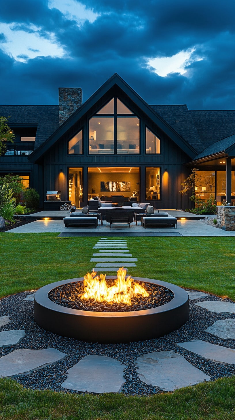 A large black steel fire pit surrounded by flat stones and green grass in front of a modern home with floor-to-ceiling windows, set under a night sky.