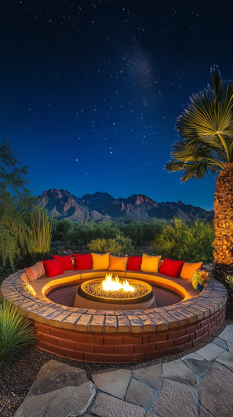 A cozy outdoor fire pit surrounded by red and yellow cushions, set in a desert landscape with mountains and cacti under a starry night sky.