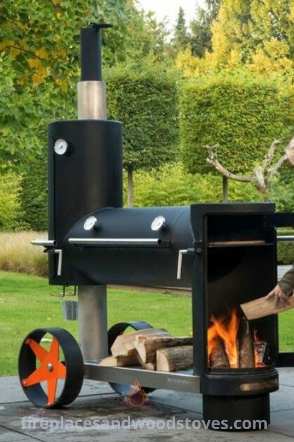 A stylish and cozy backyard BBQ setup featuring custom BBQ grills, an outdoor kitchen, and a table fire pit, creating the ideal space for gatherings. Explore more backyard inspiration at patioandhomefurniture.com.