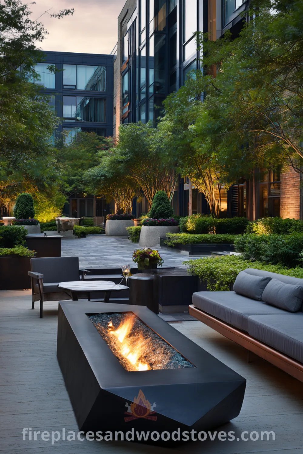 Black powder-coated steel modern fire pit surrounded by lush greenery, sleek seating, and a contemporary outdoor living space.