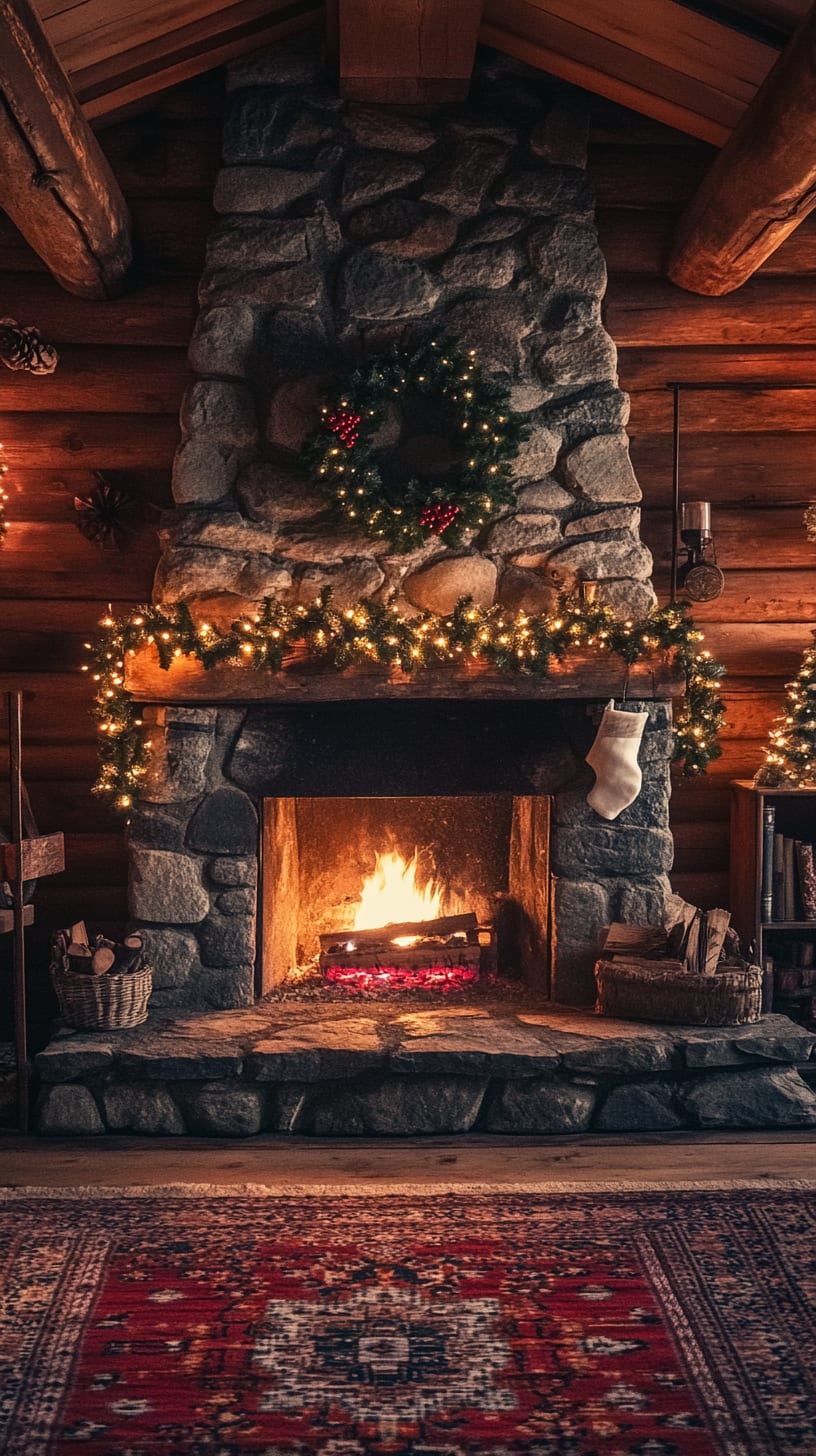 A rustic stone fireplace in an old log cabin, decorated for Christmas with wreaths and lights, surrounded by warm wooden walls and a vintage rug.