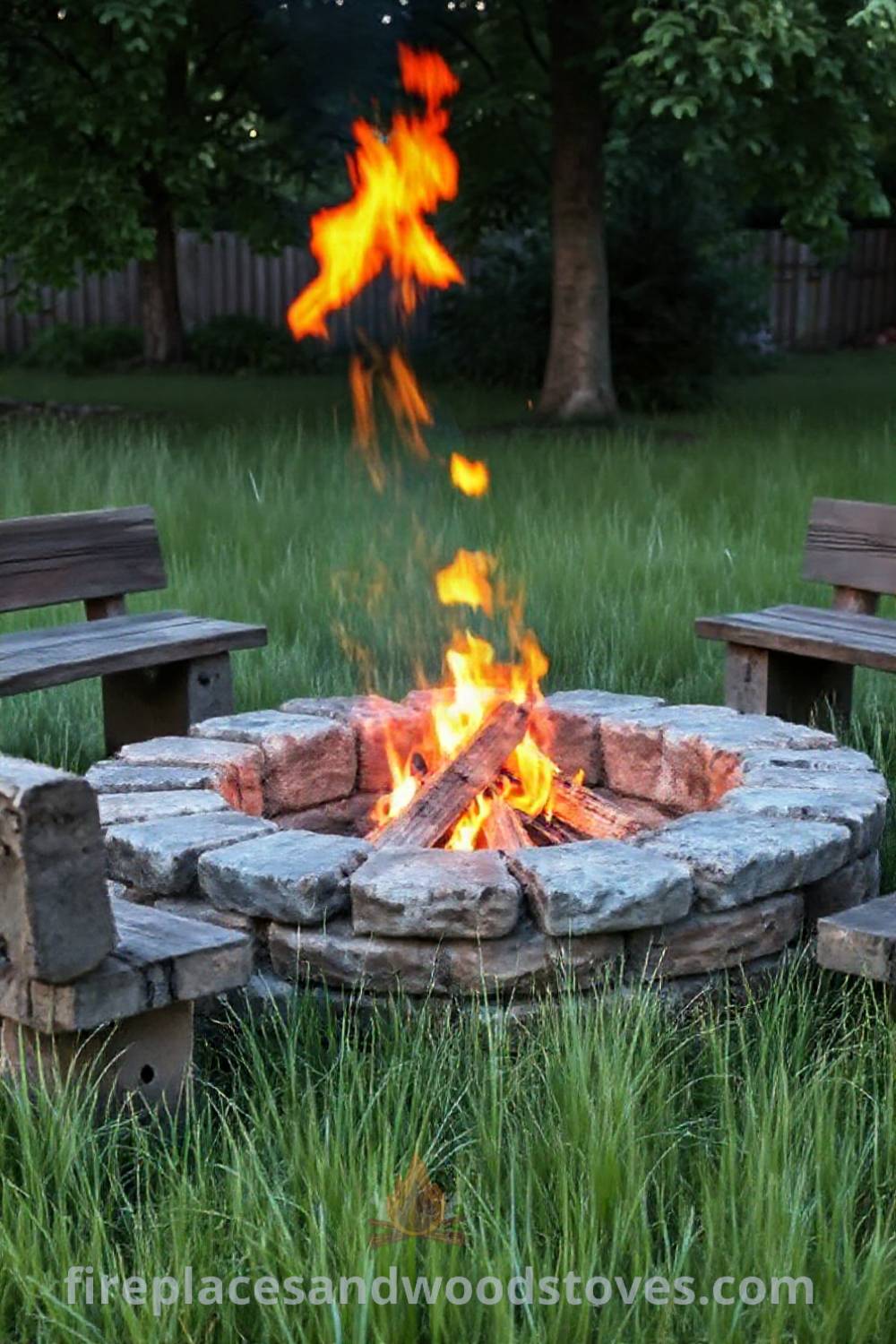 Stone fire pit nestled in tall grass, with flickering orange flames and worn wooden benches, creating a warm and inviting outdoor space for gatherings. Visit patioandhomefurniture.com for creative ideas that will wow your guests and transform your backyard.