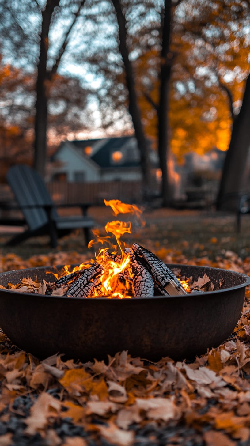 A backyard fire pit surrounded by autumn leaves, with warm flames flickering, creating a cozy atmosphere for gatherings during the evening.