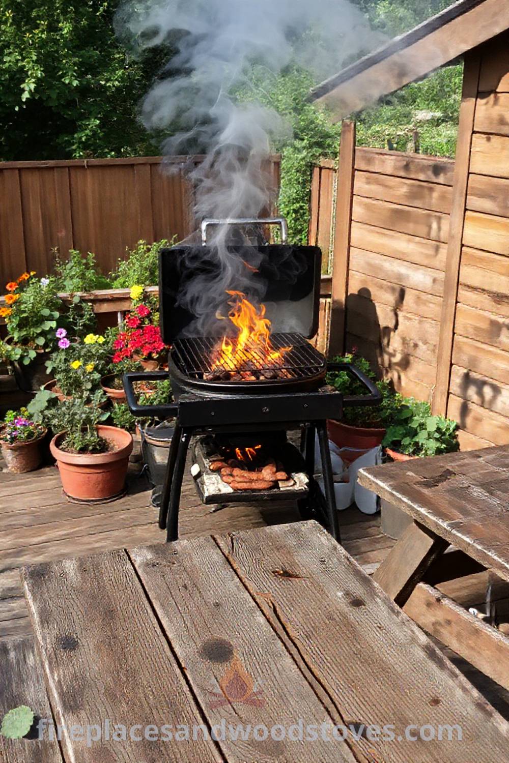 Sturdy outdoor BBQ with a charcoal grill surrounded by potted herbs and colorful flowers on a wooden deck, featuring a rustic picnic table, creating a cozy and stylish outdoor dining atmosphere. Visit patioandhomefurniture.com for incredible ideas that will wow your guests.