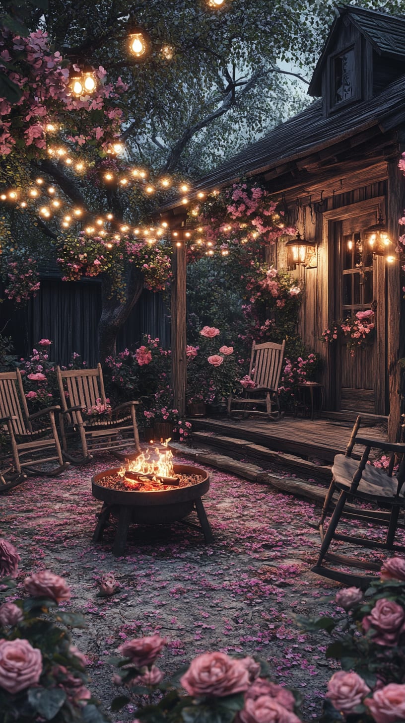 A cozy outdoor setting with a rustic wooden house surrounded by pink roses, a fire pit with rocking chairs, and twinkling string lights at night.