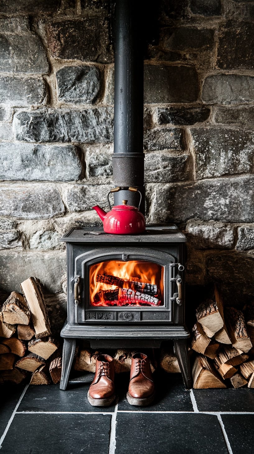 A cozy wood stove scene featuring a fire, brown boots, a red kettle, and a stone wall background, creating a warm atmosphere.