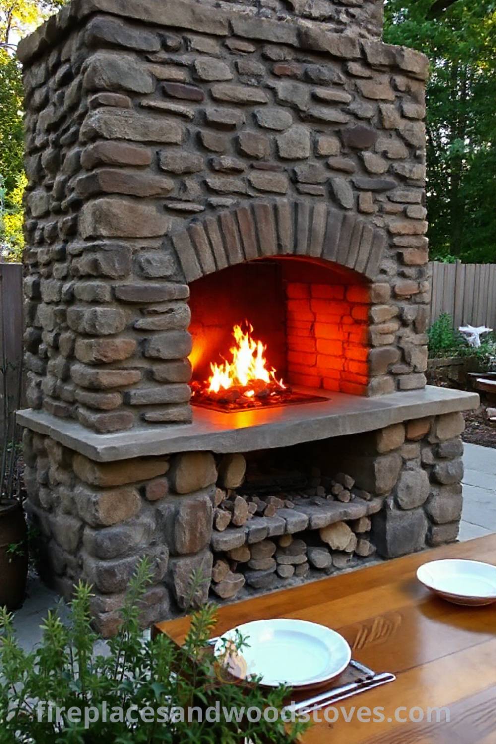 Outdoor kitchen featuring a rustic wood-burning fireplace in a sunlit backyard with a polished wooden table and fresh herbs, creating a cozy and inviting atmosphere for gatherings. Visit patioandhomefurniture.com for stylish design ideas that will wow your guests.