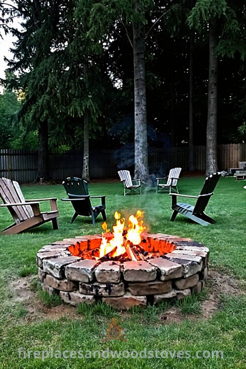 Rustic stone fire pit nestled in a grassy backyard with mismatched chairs, creating a cozy outdoor gathering space perfect for storytelling and warmth, featuring incredible ideas that will wow your guests. Visit patioandhomefurniture.com for stylish outdoor designs transforming your backyard.