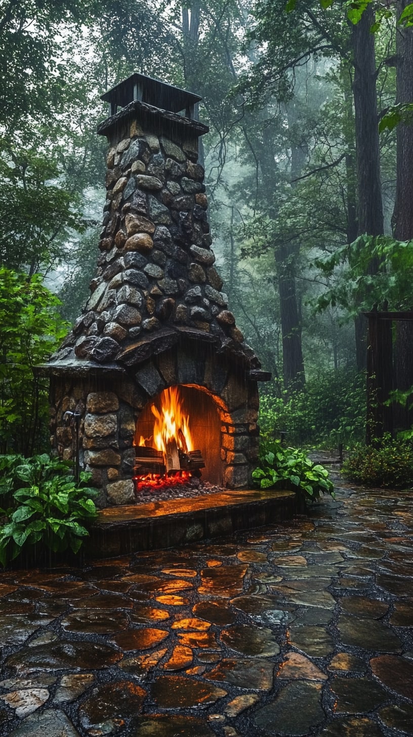 A stone outdoor fireplace in a wooded setting, surrounded by greenery and wet cobblestone paths, with a fire burning inside and rain falling softly around it.