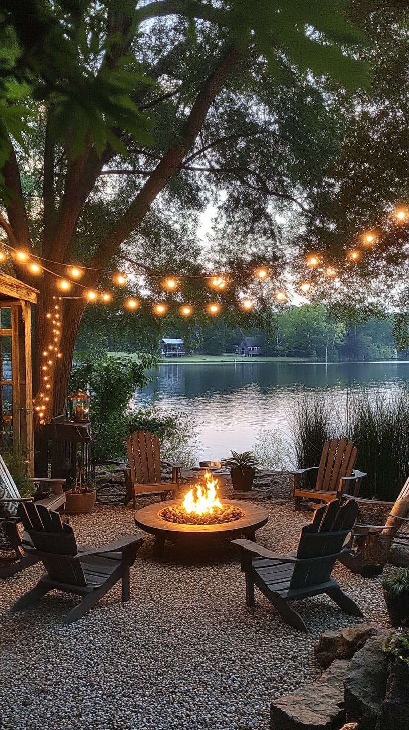 A cozy lakehouse scene featuring a firepit surrounded by chairs and twinkling string lights, set against a beautiful lake backdrop.