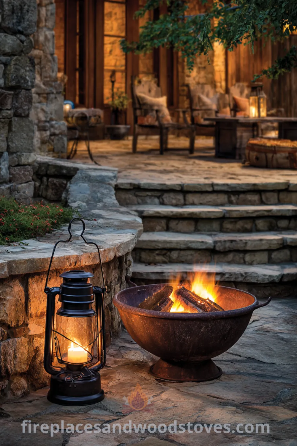 Rustic fire pit on flagstone patio with weathered metal bowl, cozy outdoor space, warm glow from lanterns, and rugged charm.