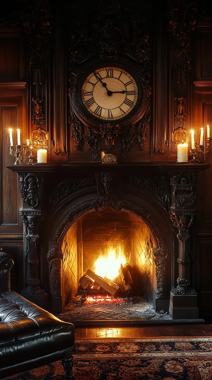 A gothic fireplace with flickering candles, an ornate clock above, and plush leather seating around it, set in a dark wood-paneled room, exuding warmth and charm.