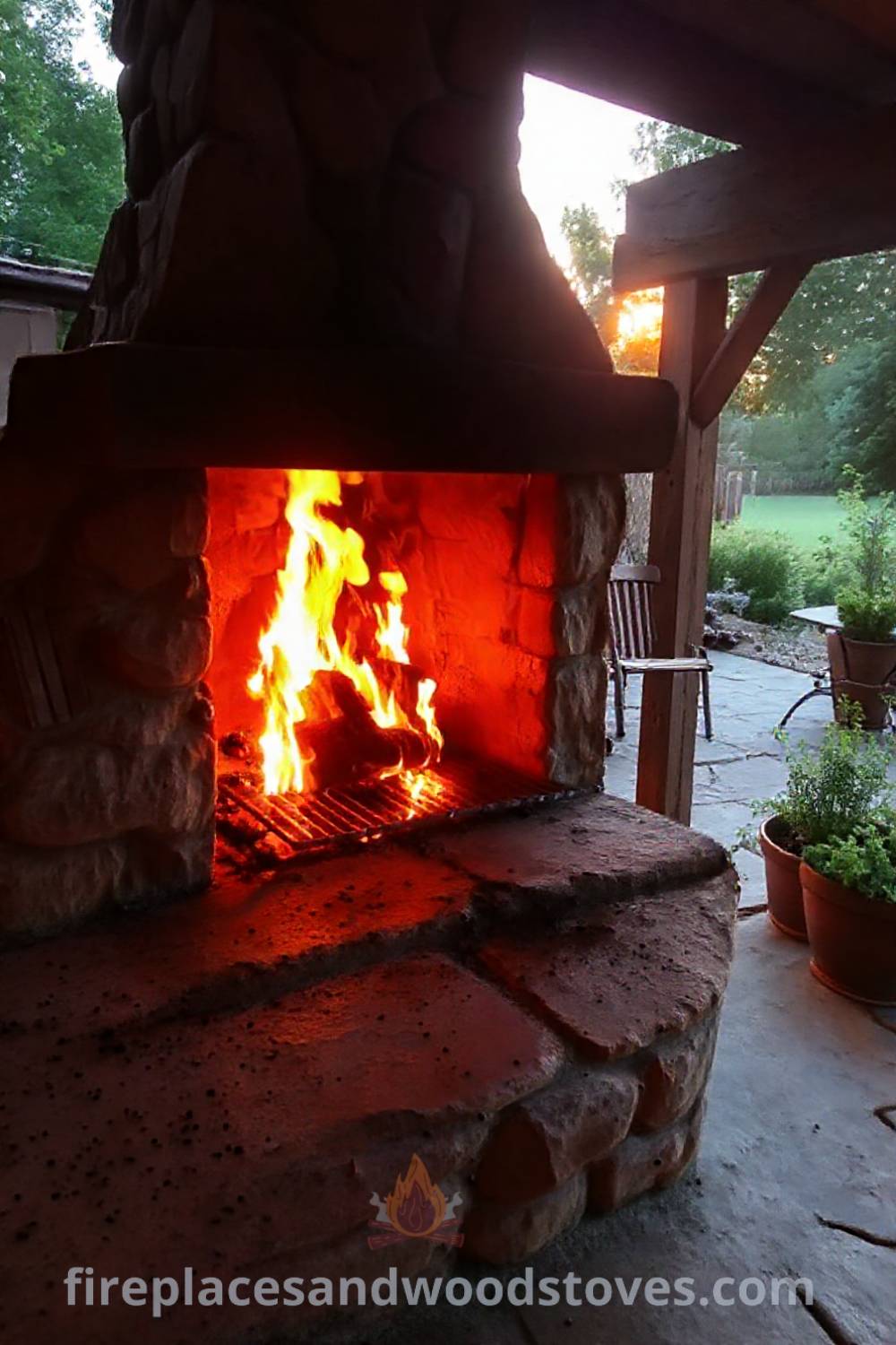 Stone fireplace BBQ in a rustic backyard, surrounded by mismatched wooden chairs, with vibrant flames creating a cozy atmosphere during sunset, perfect for outdoor gatherings. Visit patioandhomefurniture.com for incredible ideas that will wow your guests.