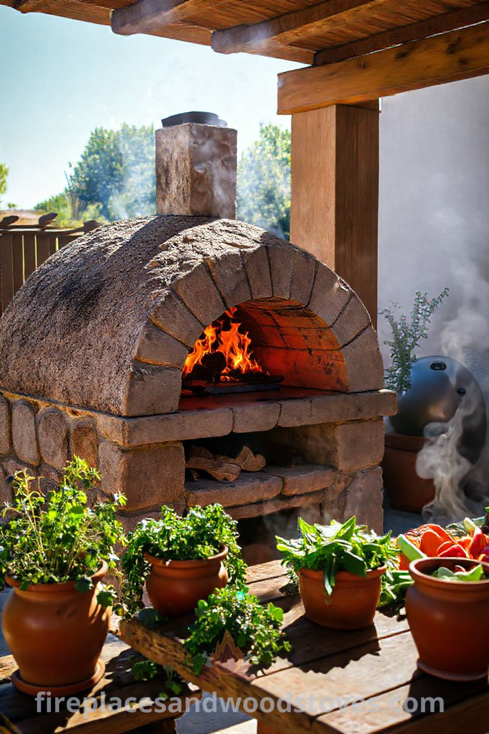 Sturdy stone BBQ oven on a sun-drenched patio, surrounded by fresh ingredients and terracotta pots of herbs, creating a cozy and inviting outdoor cooking space, perfect for sharing meals with loved ones. Visit patioandhomefurniture.com for stylish backyard design ideas that will wow your guests.