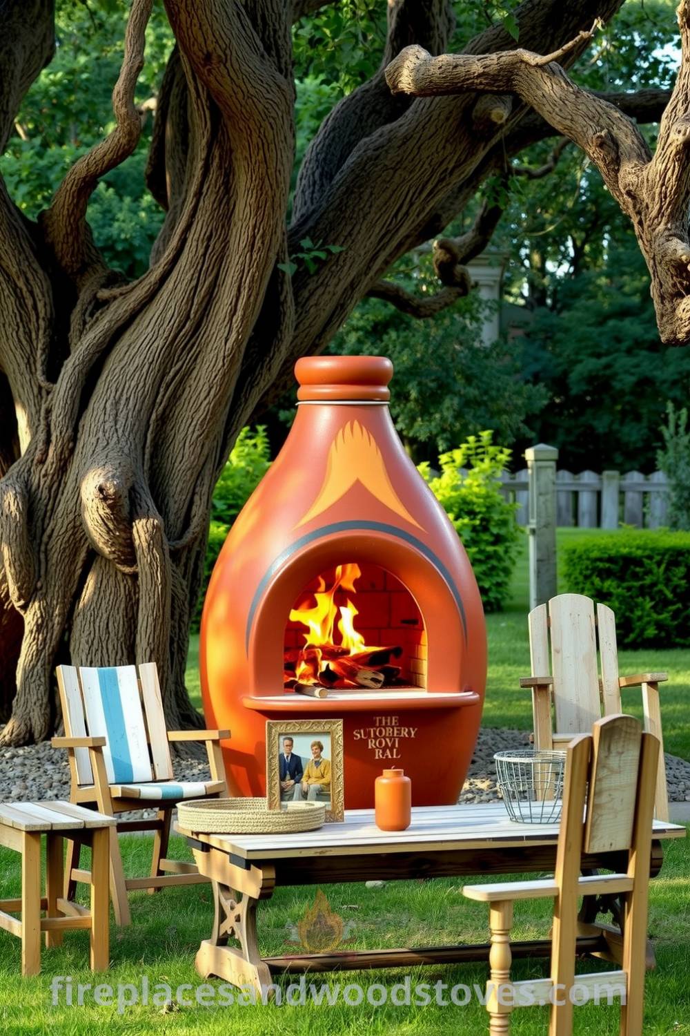 Bohemian clay outdoor barbecue under an oak tree with flickering flames, surrounded by mismatched chairs and a rustic wooden table, creating a cozy and inviting outdoor gathering space, featuring unique decor ideas from fireplacesandwoodstoves.com.