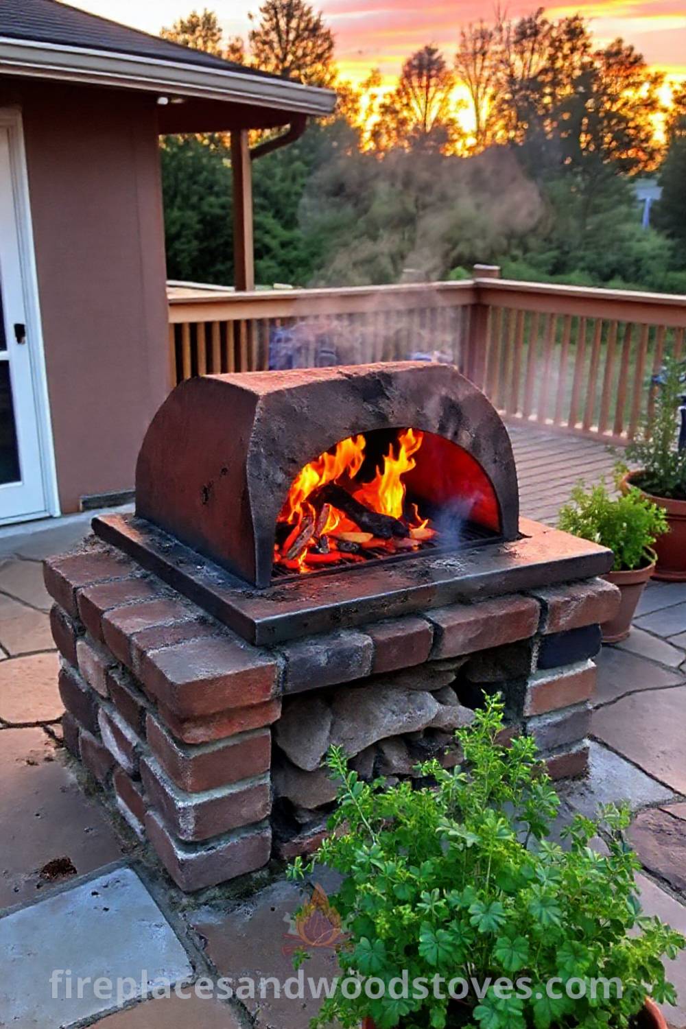 Rustic fireplace BBQ on a stone patio with uneven bricks, flames flickering warmly, and potted herbs nearby, creating a cozy outdoor setting ideal for gatherings. Visit patioandhomefurniture.com for incredible ideas that will wow your guests.