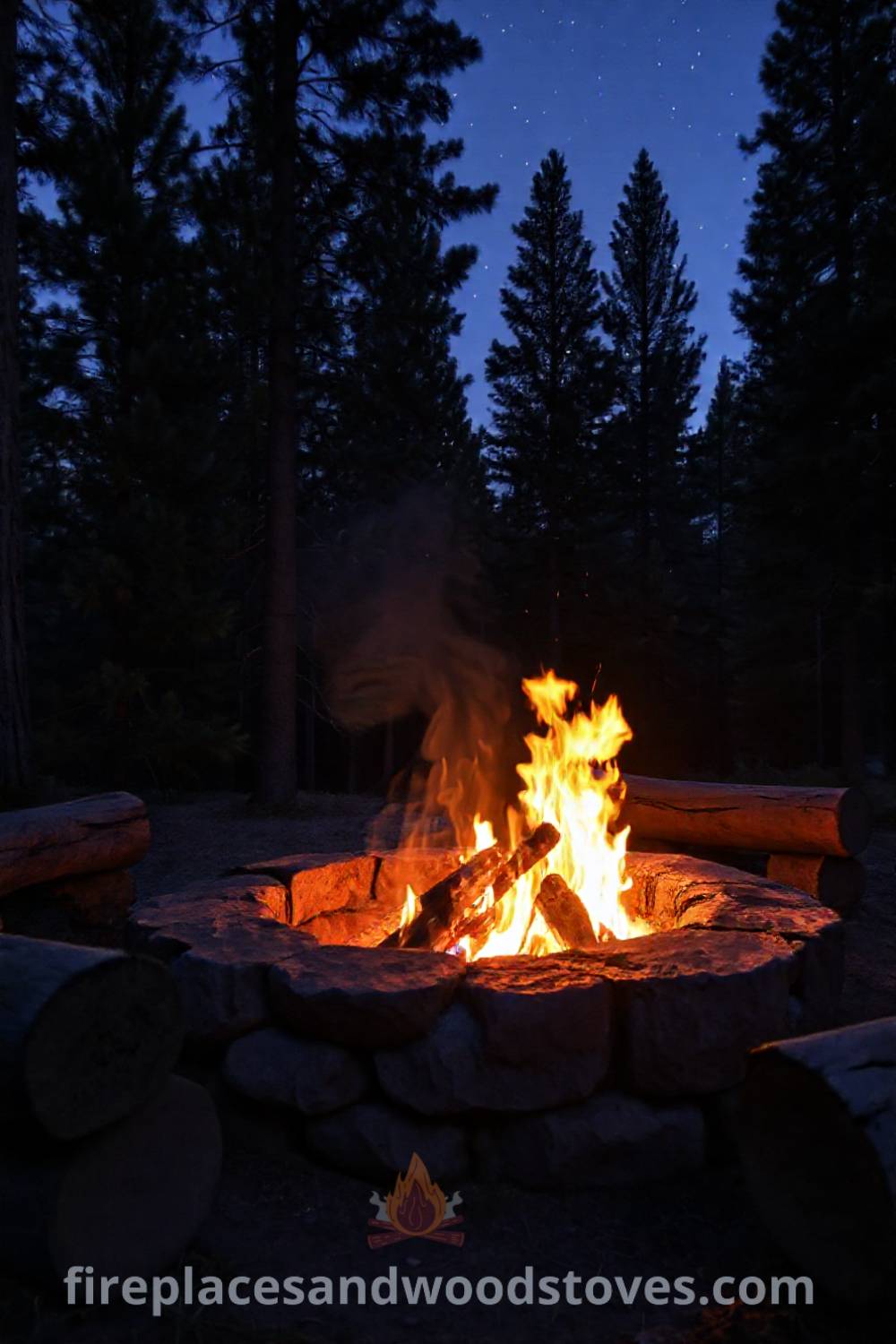 Rustic stone fire pit nestled among pine trees, with flickering flames illuminating log seating in a cozy outdoor setting, inviting friends to gather and share stories. Visit patioandhomefurniture.com for stylish ideas that will wow your guests.