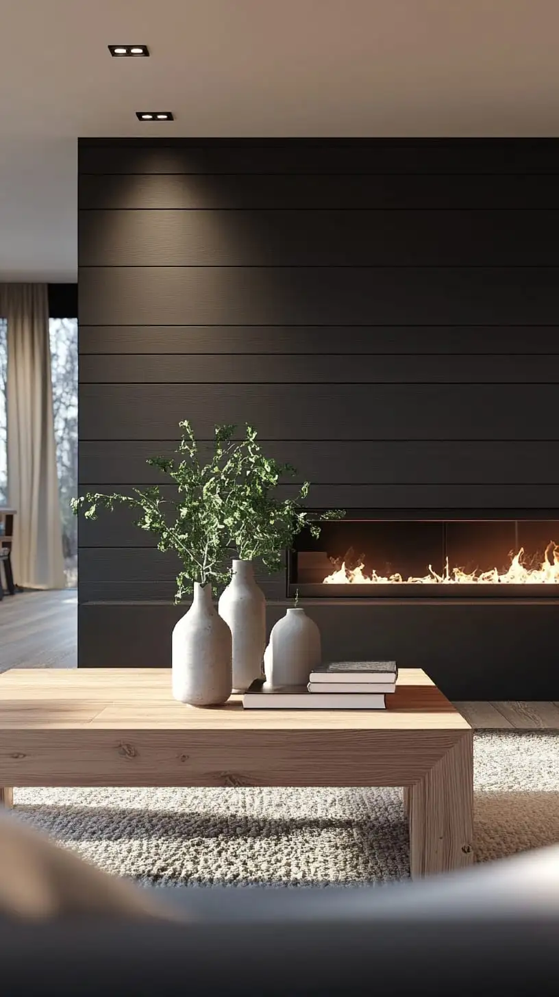 A modern living room featuring a black wooden wall, a cozy fireplace, a coffee table with white vases and a green plant, creating a warm and inviting atmosphere.