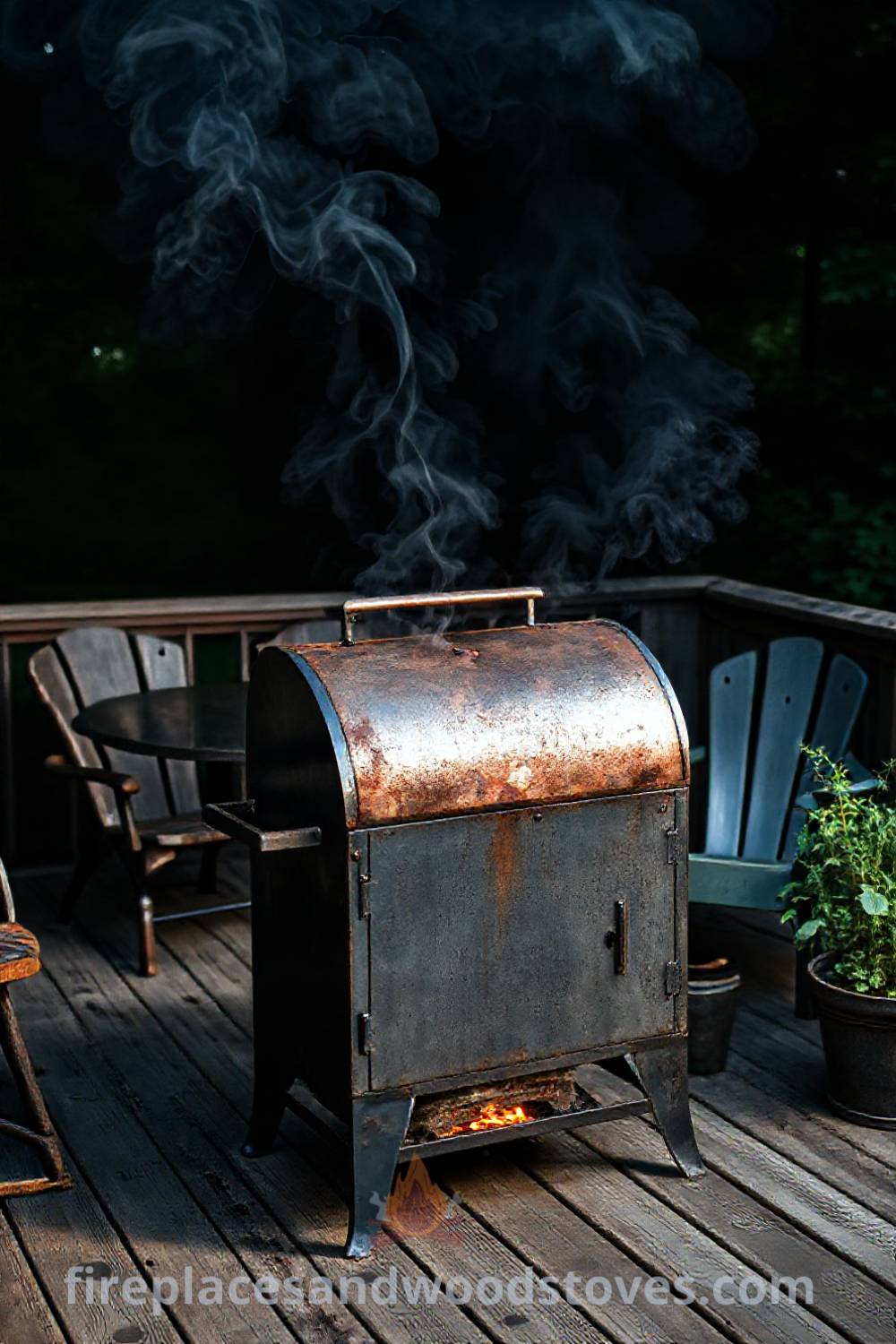 Barbecue smoker on a wooden deck with rustic chairs and potted herbs, creating a cozy outdoor gathering space, perfect for summer evenings. Visit patioandhomefurniture.com for incredible ideas that will wow your guests.