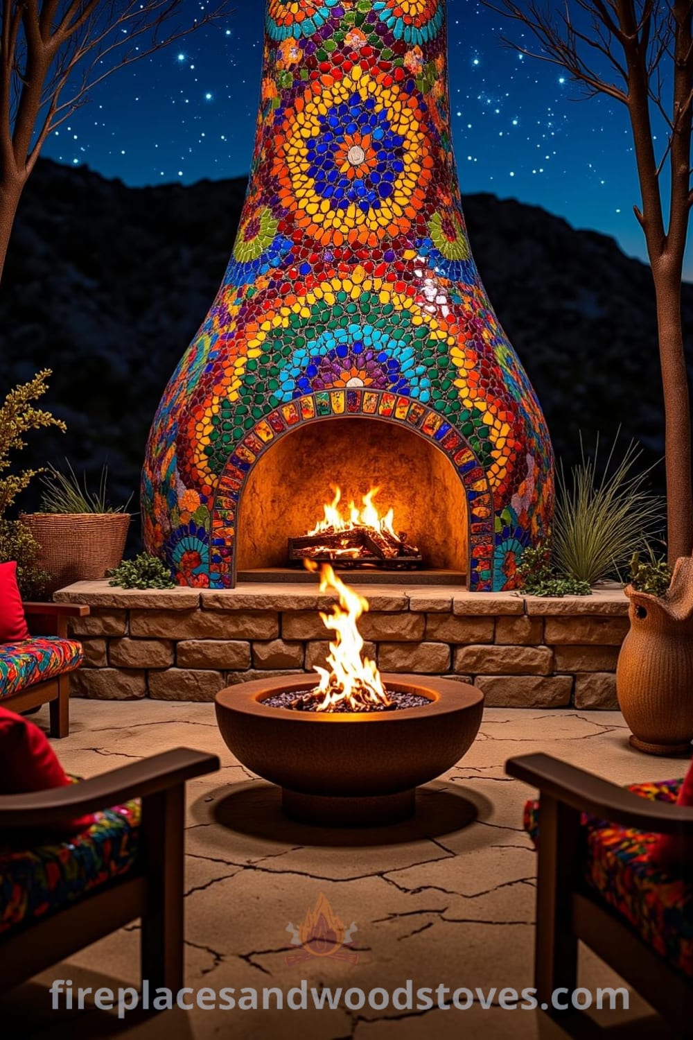 A vibrant Bohemian mosaic firepit with colorful hand-laid tiles and dancing flames, surrounded by mismatched chairs on a cozy outdoor patio, showcasing unique decor ideas for a charming gathering under the stars. Visit fireplacesandwoodstoves.com for more cozy inspirations.