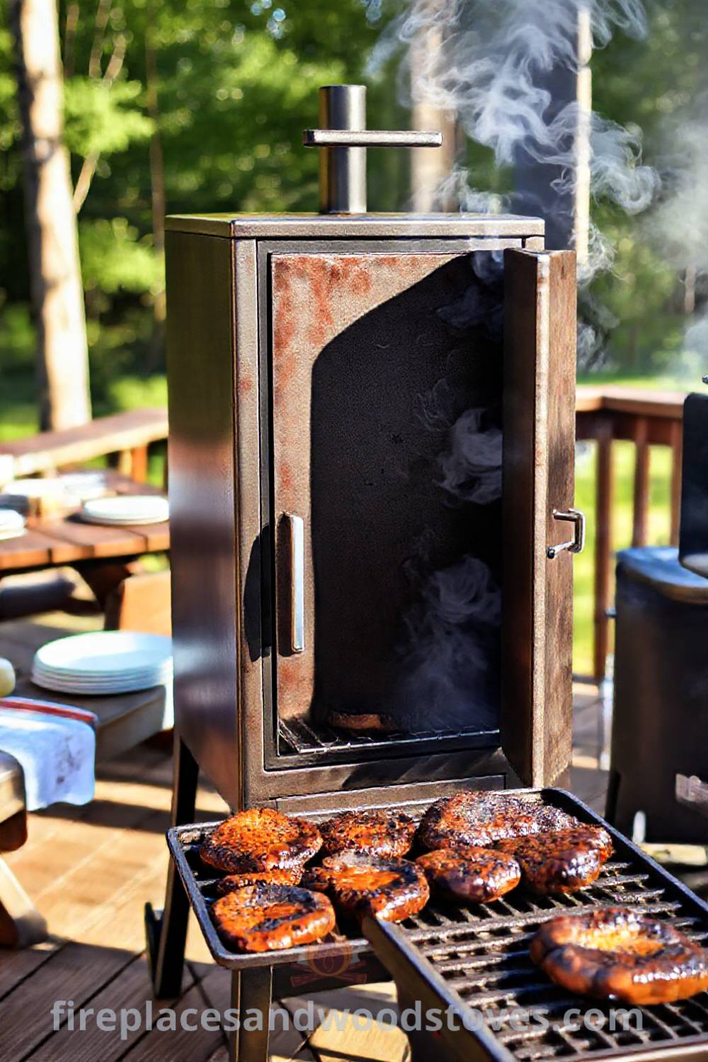 Vertical smoker barbecue on a wooden deck with rich wood smoke curling from its ajar door, surrounded by a picnic table with plates and utensils, creating an inviting outdoor atmosphere perfect for gatherings. Visit patioandhomefurniture.com for stylish ideas that will wow your guests.
