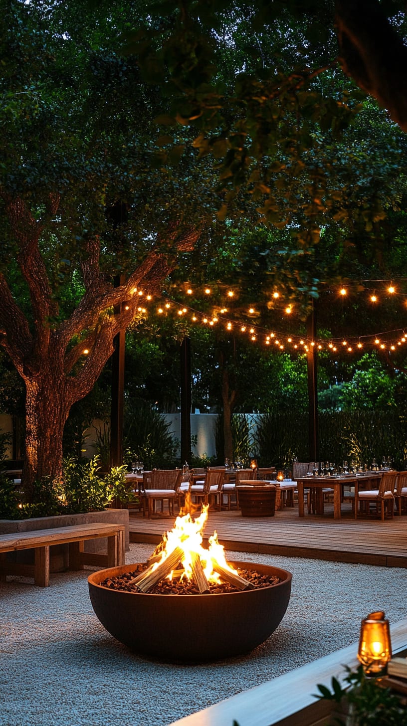 A cozy outdoor setting featuring a fire pit surrounded by seating and string lights, perfect for evening gatherings.