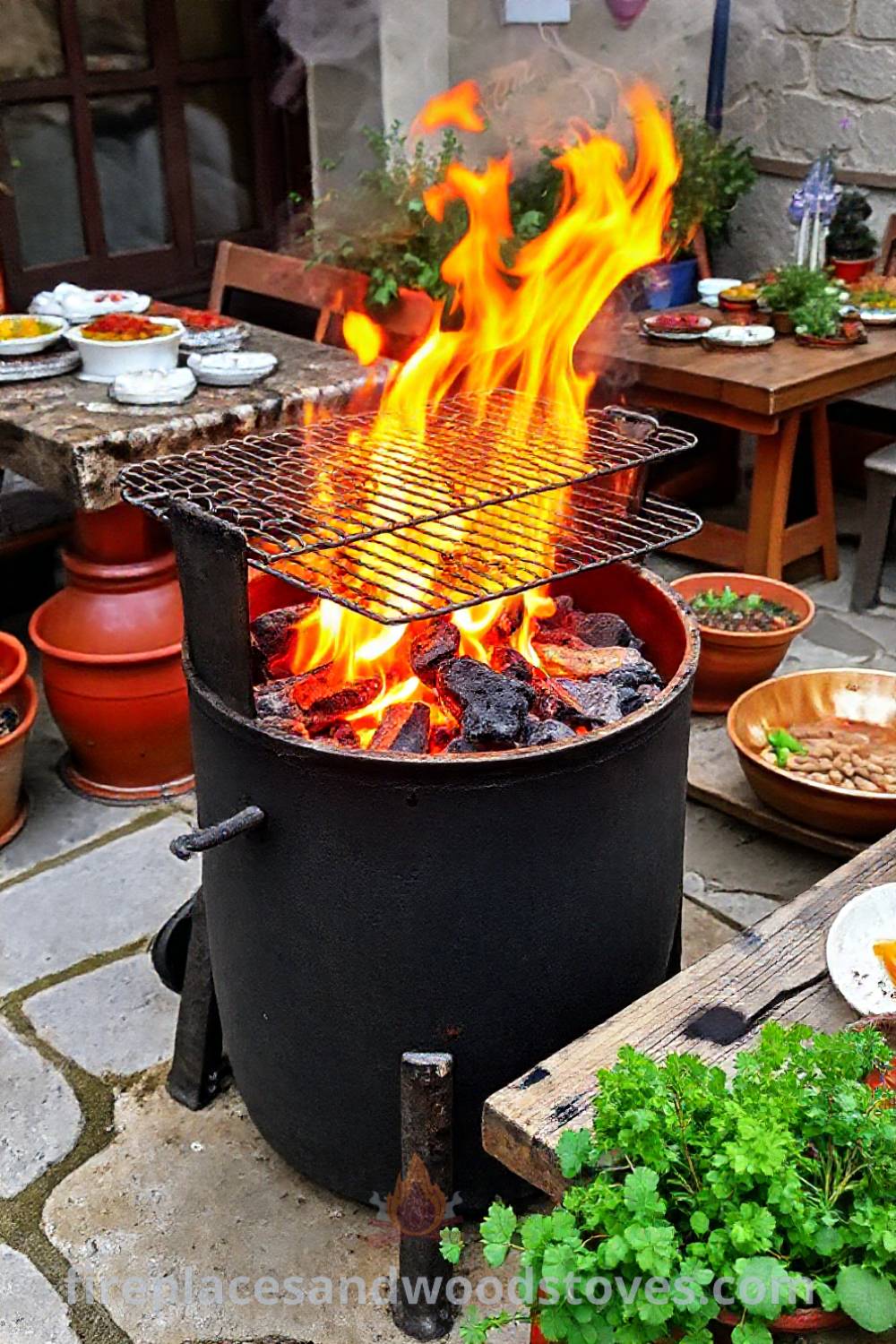 Traditional Turkish mangal barbecue on a stone patio with glowing coals, surrounded by vibrant herbs and a wooden table filled with colorful dishes, creating a cozy and inviting atmosphere for enjoyable outdoor gatherings. Visit patioandhomefurniture.com for stylish outdoor design ideas that will wow your guests.