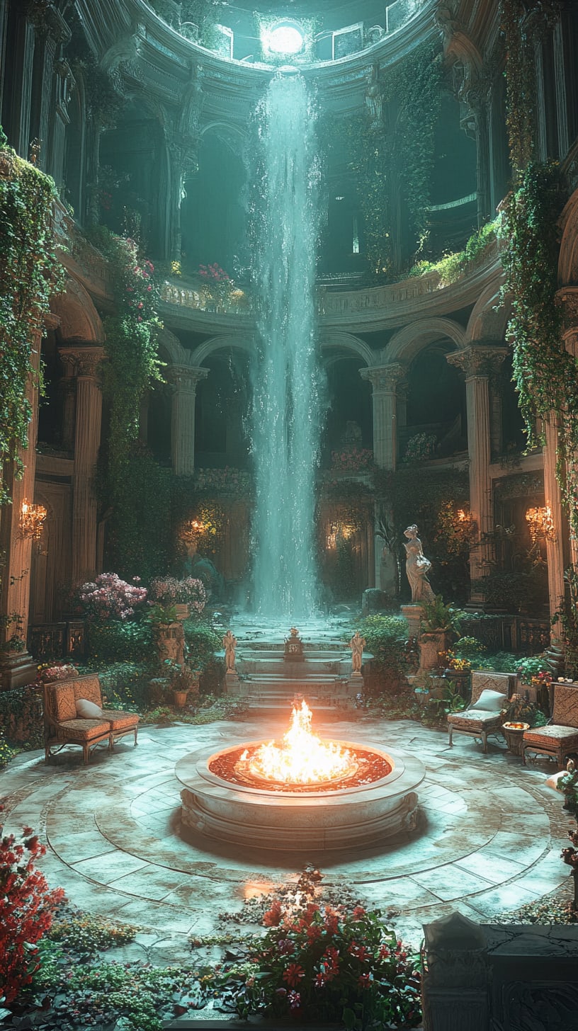 A fantasy mansion interior featuring a circular room with an ancient fire pit, surrounded by stone seating, cascading waterfalls, lush plants, and a magical ambiance.
