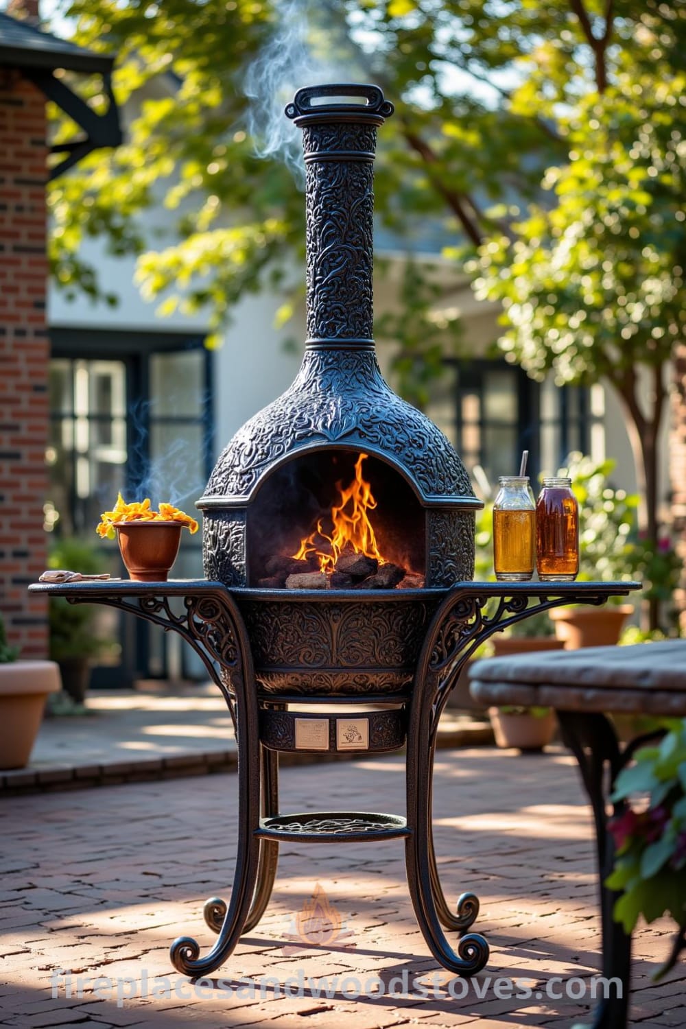Victorian wrought iron outdoor barbecue on a brick patio with warm flames, friends gathered around sharing laughter, wooden furniture accents, and a cozy outdoor atmosphere, featuring unique ideas for your home and inspiring decor inspirations from fireplacesandwoodstoves.com.