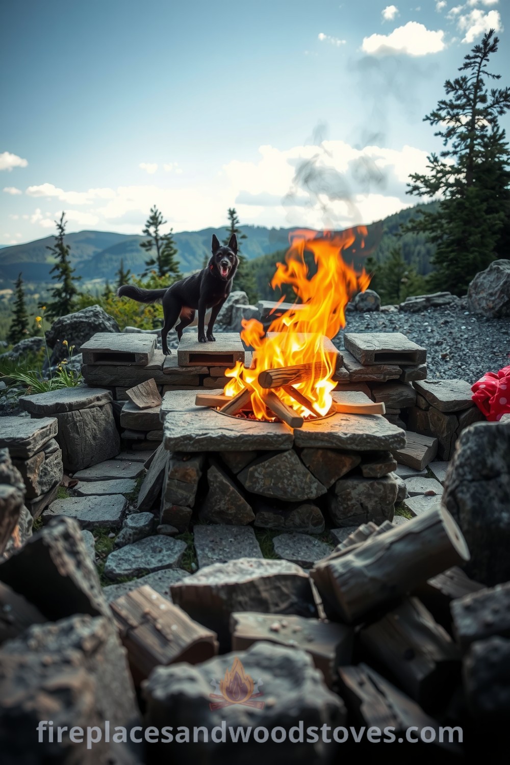 Stone hearth barbecue in a mountain retreat surrounded by uneven stones for seating, flickering flames, and wildflowers, creating a cozy and rustic atmosphere, perfect for gatherings and outdoor cooking, featured on fireplacesandwoodstoves.com.