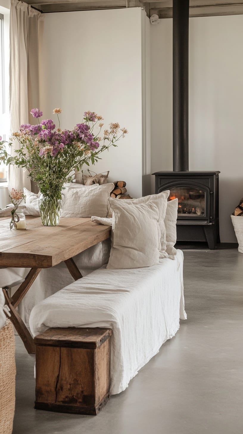 A cozy rustic farmhouse living room featuring a white linen sofa, wooden dining table adorned with wildflowers, and a wood-burning stove, set against a backdrop of concrete gray floors and walls.
