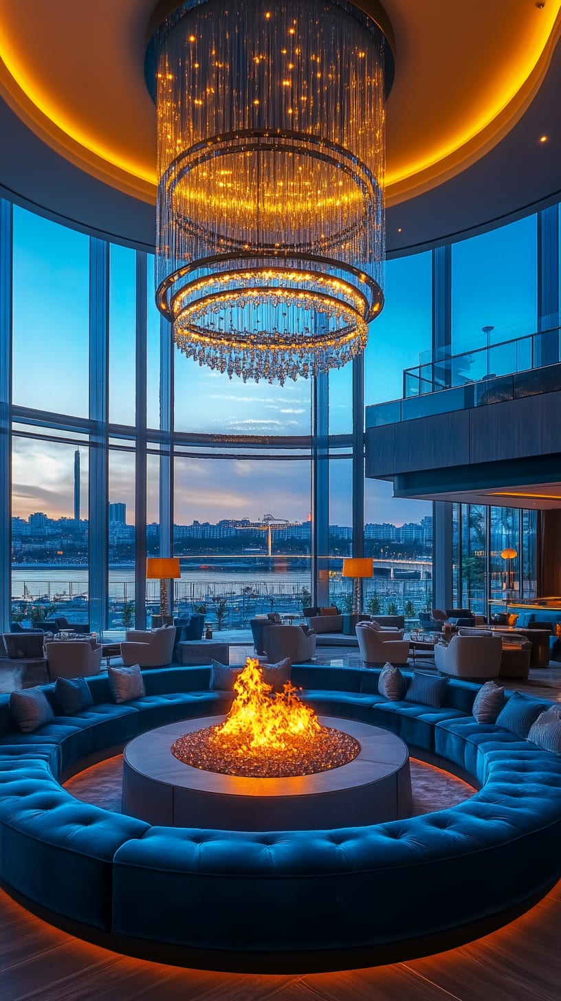 A luxurious hotel lounge featuring a circular blue sofa around a fire pit, with floor-to-ceiling windows overlooking the harbor at dusk and a warm, glowing chandelier above.
