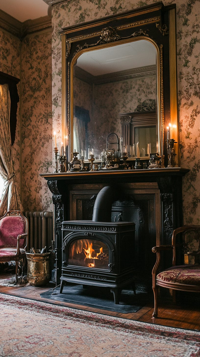 A vintage Victorian fireplace with a wood-burning stove, adorned with floral wallpaper and elegant furnishings, creating a cozy atmosphere in a parlor setting.