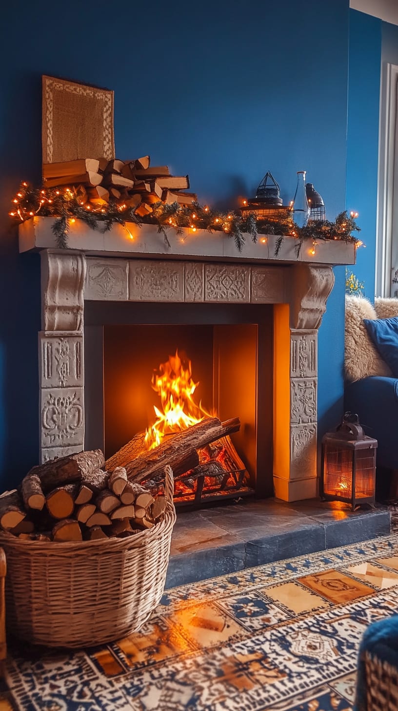 A cozy fireplace with glowing flames, surrounded by festive decorations and a basket of firewood, set against blue walls for a warm and inviting winter atmosphere.