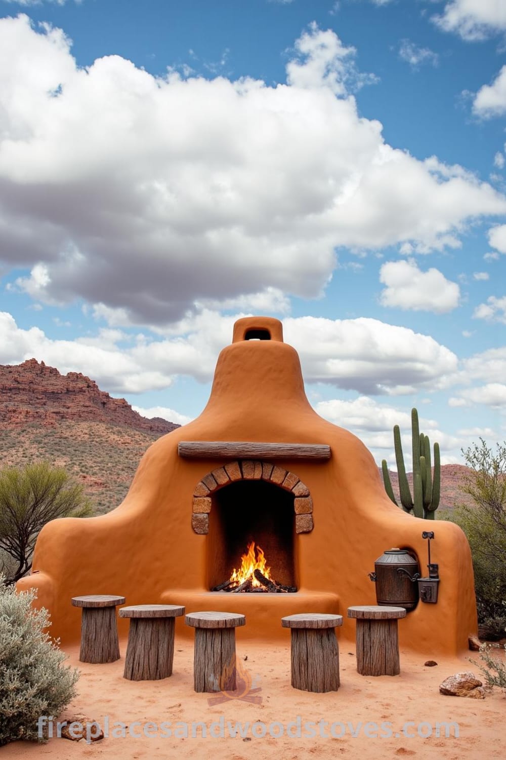 Southwestern adobe outdoor barbecue under a desert sky, featuring a sturdy clay structure, crackling fire in a stone hearth, scattered cacti, and weathered wooden stools, creating a cozy atmosphere for gatherings. Discover cozy ideas and inspirations for your home at fireplacesandwoodstoves.com.