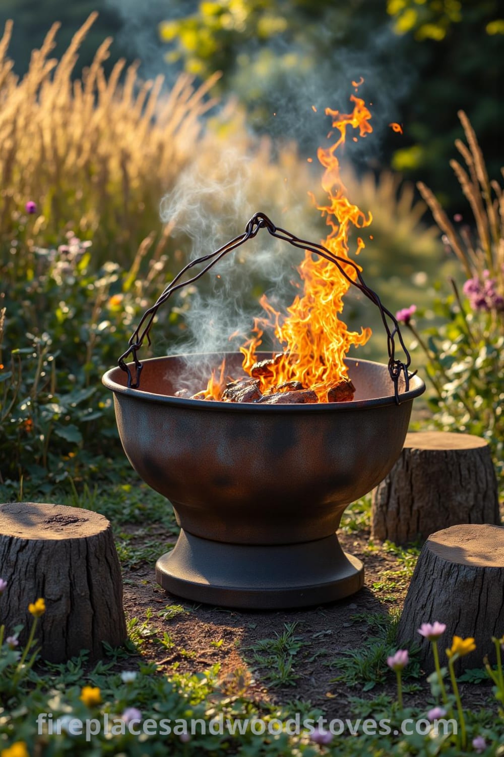 Nomadic firepit barbecue nestled in a sun-dappled clearing surrounded by wildflowers and grass, featuring rusty metal with charred edges, warm flickering flames, and inviting wooden stump benches, providing unique ideas for cozy outdoor gatherings. For more cozy ideas, visit fireplacesandwoodstoves.com.
