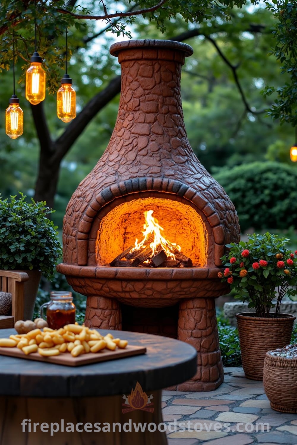 Chiminea-style outdoor fireplace on a stone patio surrounded by lush greenery, with warm glowing flames illuminating nearby rustic wooden furniture and a table filled with snacks, creating a cozy atmosphere for outdoor gatherings, perfect for inspiring decor ideas for your home at fireplacesandwoodstoves.com.