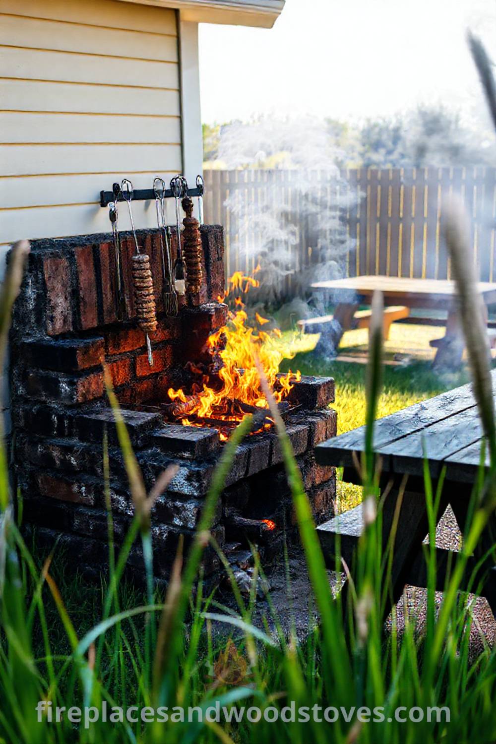 Rustic wood-fired barbecue in a spacious backyard setting with charred bricks and a wooden picnic table, surrounded by swaying grass, creating a cozy outdoor atmosphere for gatherings. Visit patioandhomefurniture.com for stylish ideas transforming your backyard.