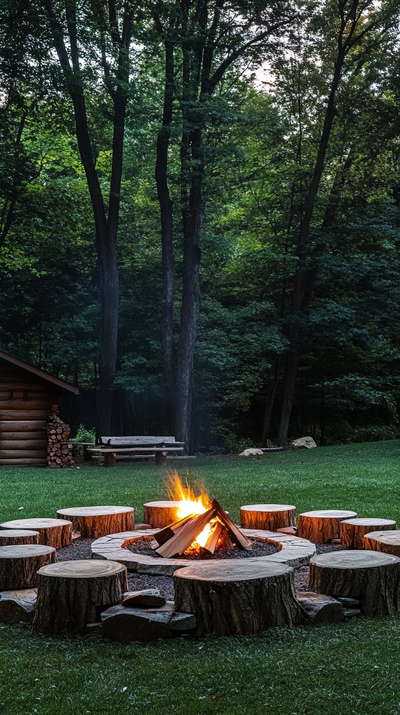 A cozy fire pit surrounded by tree stump seating in a grassy area, with a rustic log cabin in the background and warm lanterns providing soft lighting.