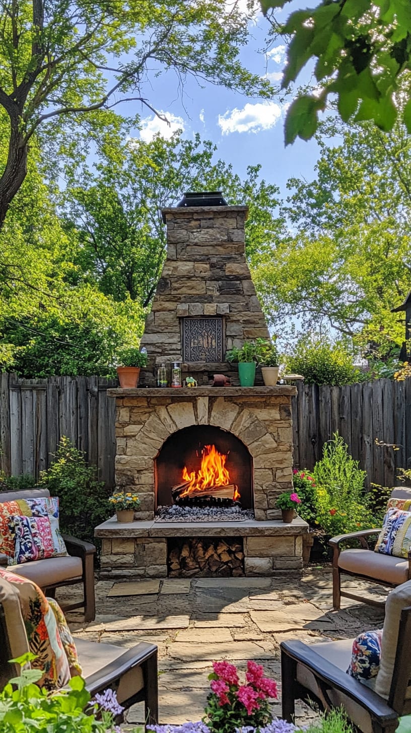 A stone outdoor fireplace surrounded by comfortable seating and colorful cushions in a sunny backyard, with lush greenery and potted plants nearby.