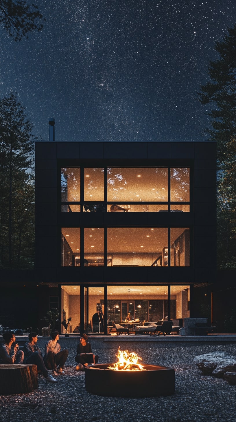 A modern black house with large windows, featuring people gathered around a fire pit at night underneath a starry sky, with a forest in the background.