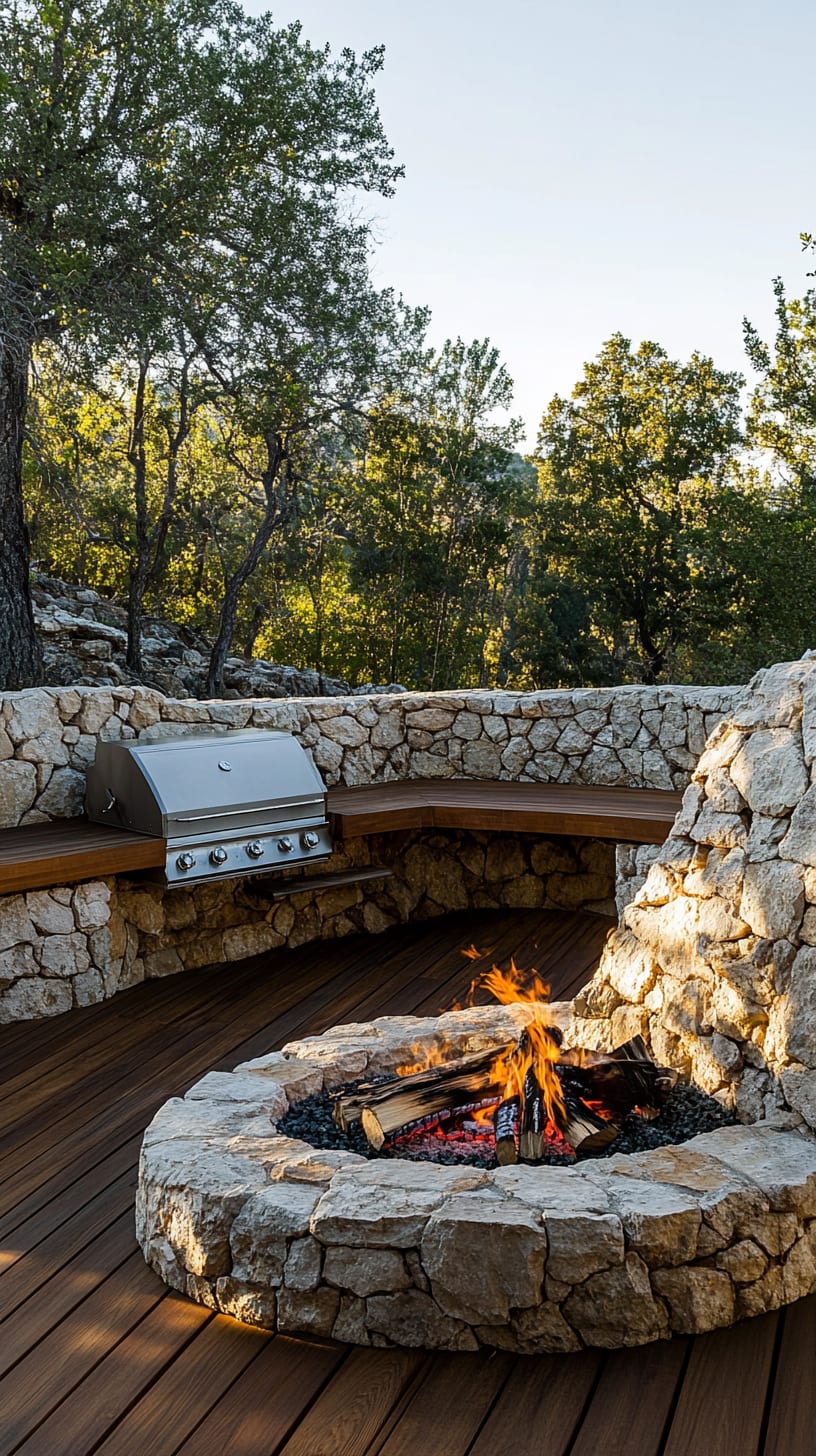A cozy outdoor fire pit setup with stone walls and a wooden deck, set in a scenic location surrounded by trees and a valley.