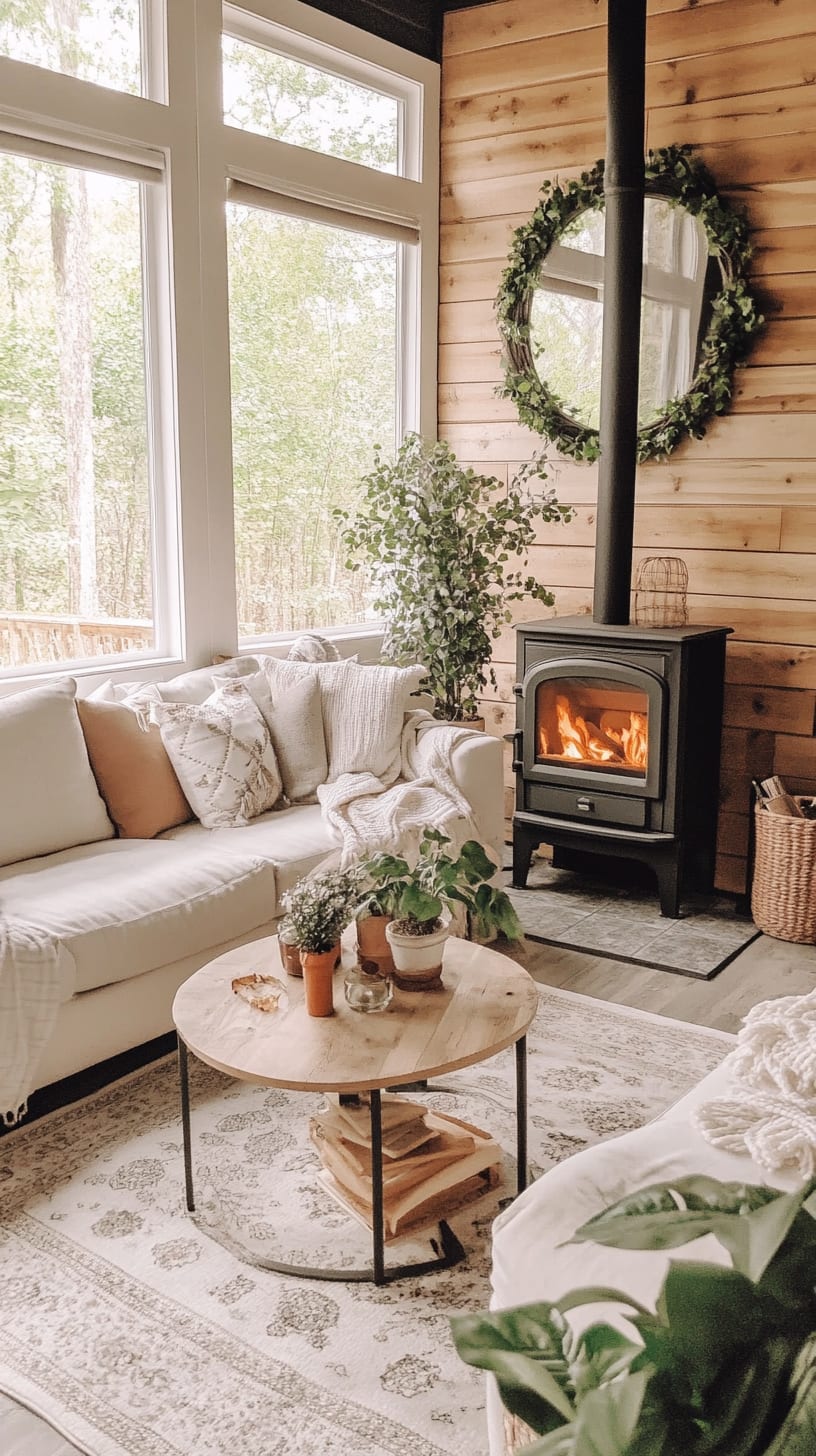 A cozy boho-inspired cottage living room with a white sofa, modern wood stove, large windows, and greenery, creating an inviting atmosphere.