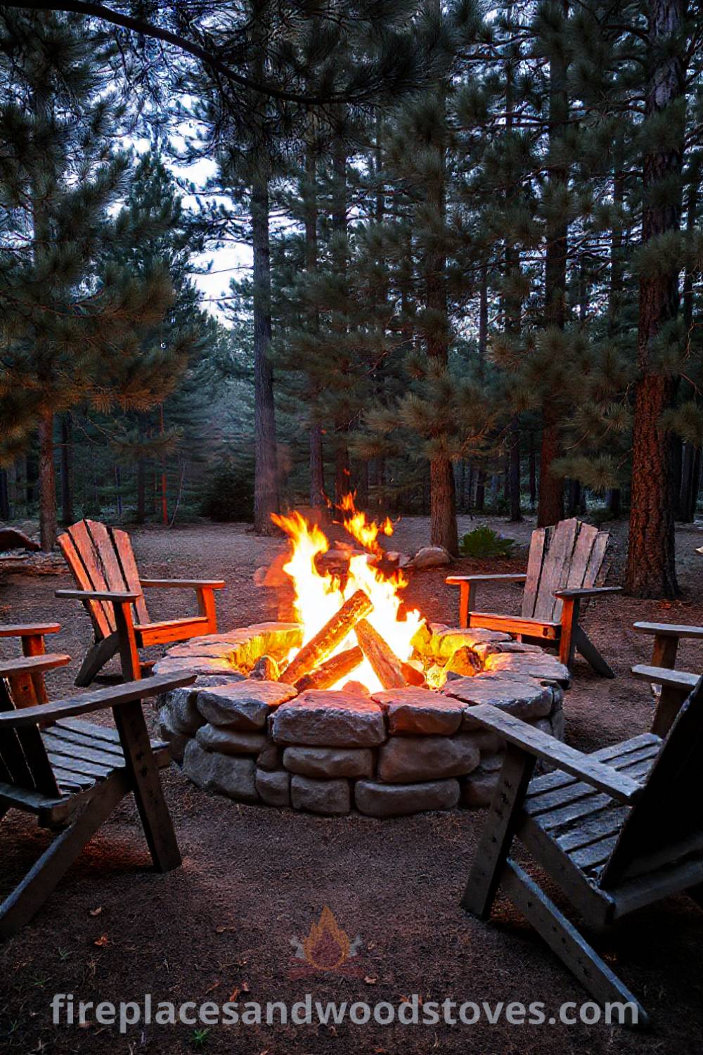 Rustic stone fire pit nestled among pine trees in a wooded backyard, surrounded by mismatched wooden chairs, creating a cozy and inviting atmosphere for outdoor gatherings. Visit patioandhomefurniture.com for incredible ideas that will wow your guests.